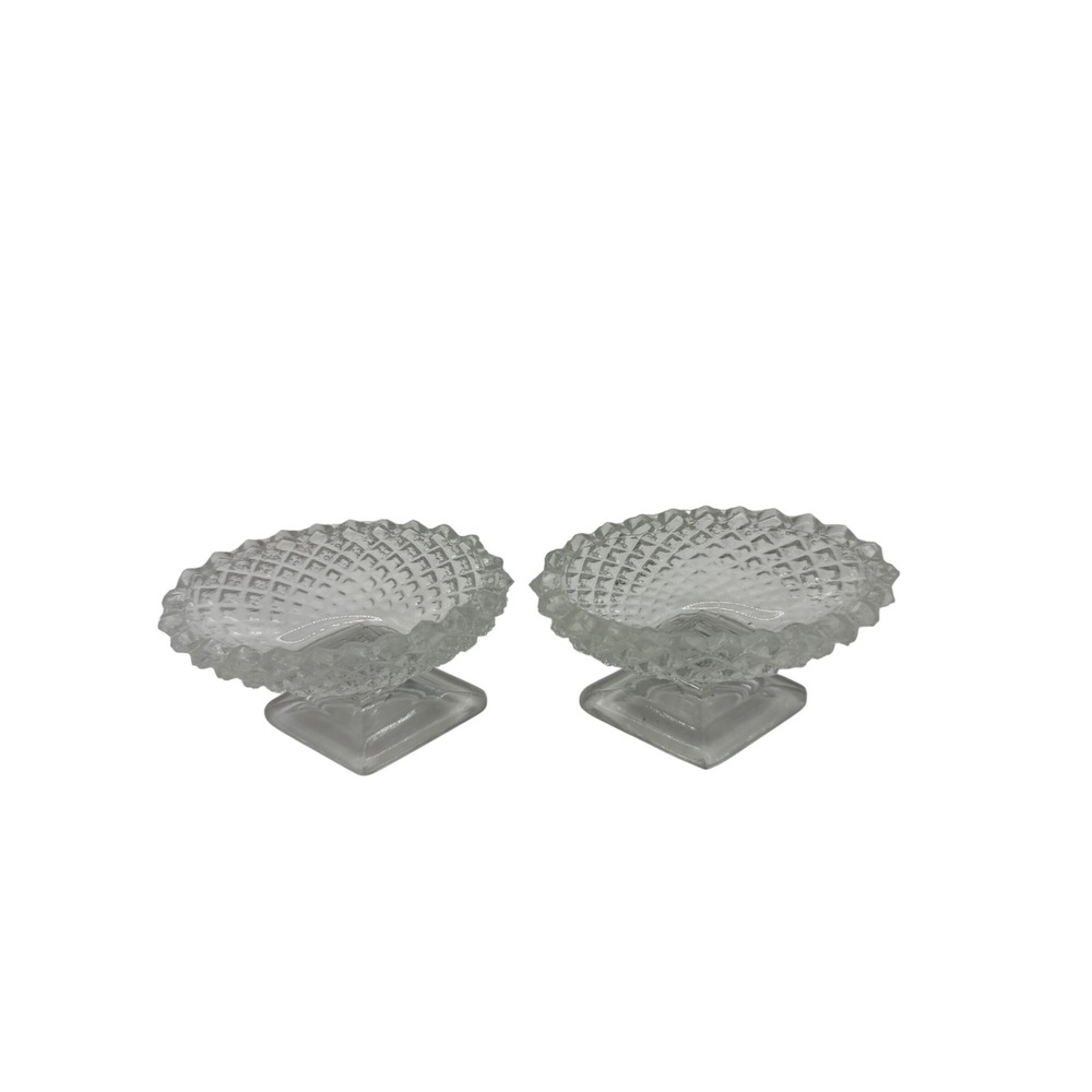 Vintage Clear Pressed Glass Diamond Point Open Salt Cellars Pedestal Set of 2 - Picture 1 of 6